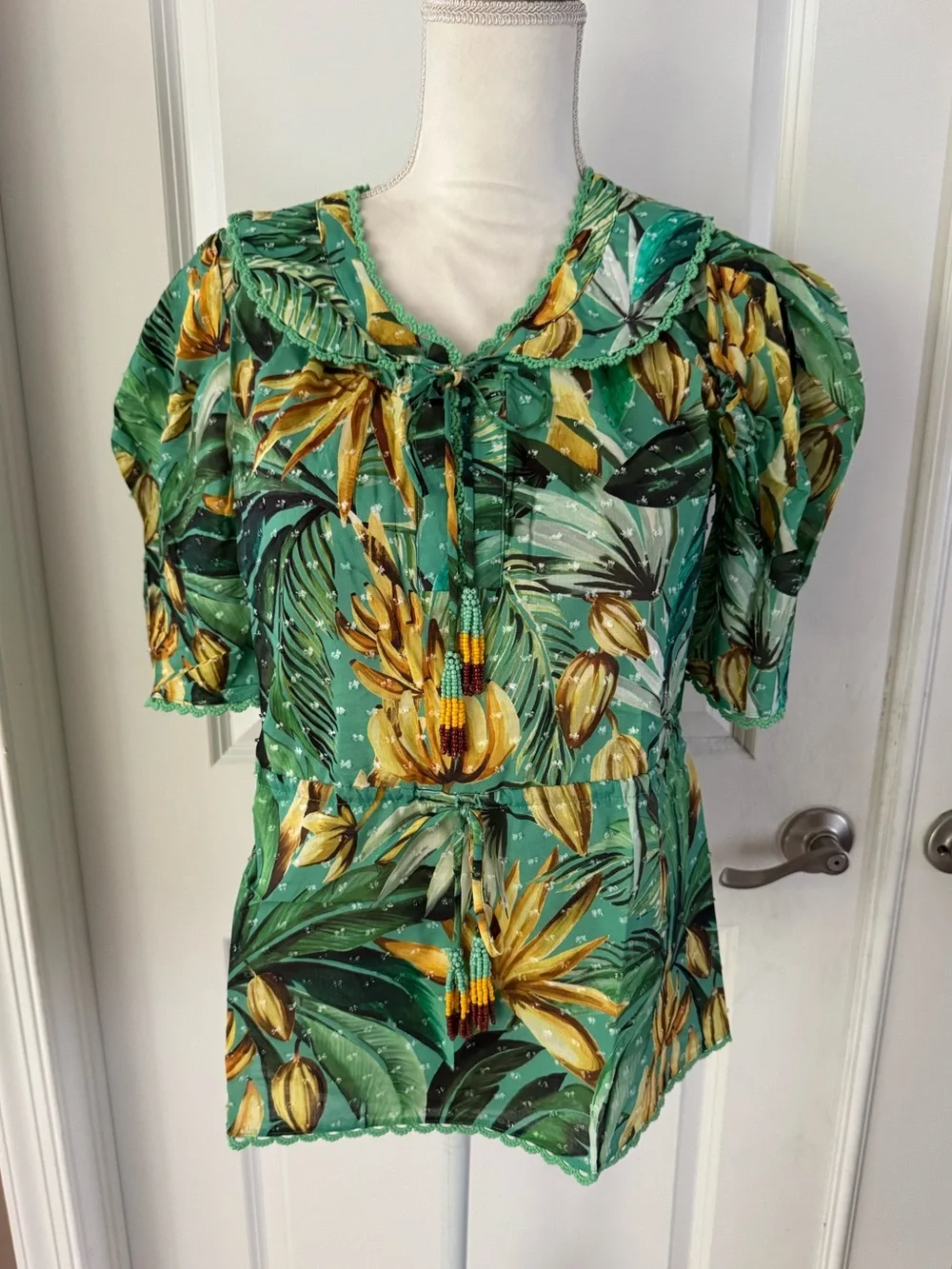 Farm Rio Puff-Sleeve Babydoll Blouse. Size S. MSRP $158